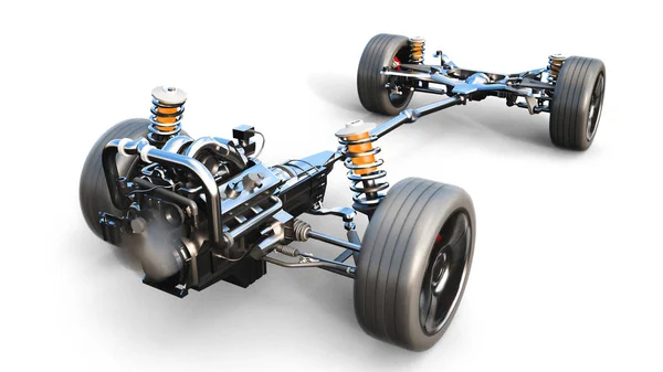 Auto-Chassis mit Motor auf weißem Isolat. 3D-Darstellung. — Stockfoto