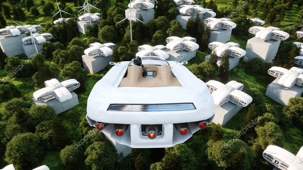 futuristic car flying over the city, landscape. Transport of the future. Aerial view. 3d rendering.