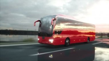 Kırmızı Turist otobüsü yolda, otoyol. Çok hızlı araba. Turistik ve seyahat kavramı. gerçekçi 4 k animasyon.