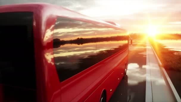 Röd turistbuss på väg, motorväg. Mycket snabb körning. Turistiska och resor koncept. realistisk 4 k animation. — Stockvideo
