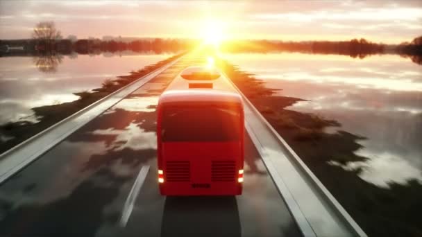 Autobús rojo turístico en la carretera, carretera. Conduce muy rápido. Concepto turístico y de viaje. animación realista 4k . — Vídeos de Stock