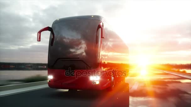 红色旅游巴士的道路上，公路。非常快开车。旅游和旅行的概念。现实 4 k 动画. — 图库视频影像