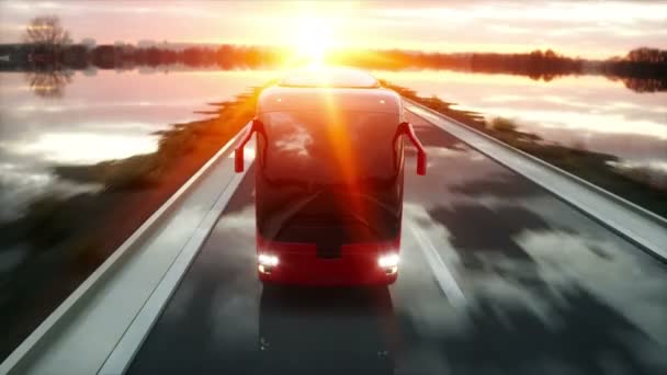 Autobús rojo turístico en la carretera, carretera. Conduce muy rápido. Concepto turístico y de viaje. animación realista 4k . — Vídeos de Stock