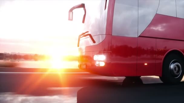 Turistico autobus rosso sulla strada, autostrada. Guida molto veloce. Concetto turistico e di viaggio. animazione 4k realistica . — Video Stock
