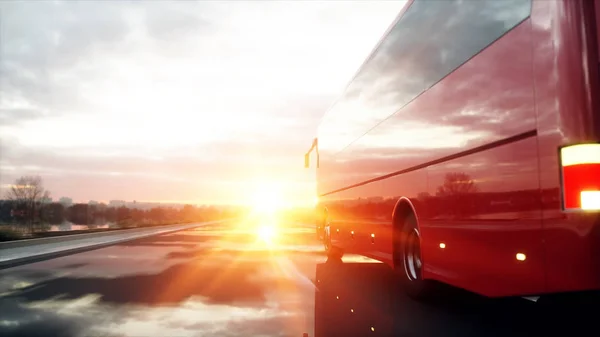 도로 위에 있는 빨간 버스에요. 아주 빠른 운전이죠. 관광 과 여행 개념이다. 3d 렌더링. — 스톡 사진