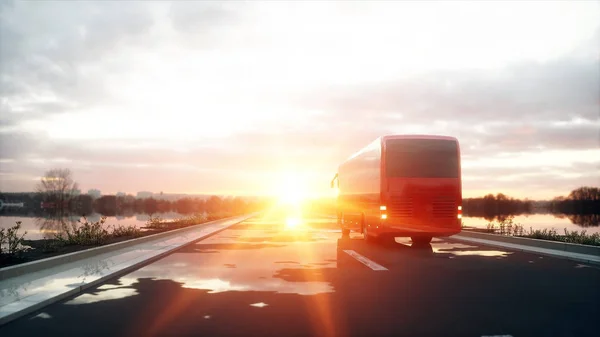 Autobús rojo turístico en la carretera, carretera. Conduce muy rápido. Concepto turístico y de viaje. renderizado 3d . —  Fotos de Stock