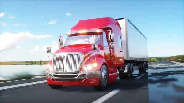 Semirremolque, camión en la carretera, autopista. Transporte, concepto logístico. renderizado 3d . —  Fotos de Stock
