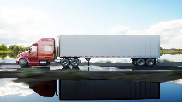 Semirremolque, camión en la carretera, autopista. Transporte, concepto logístico. renderizado 3d . — Foto de Stock