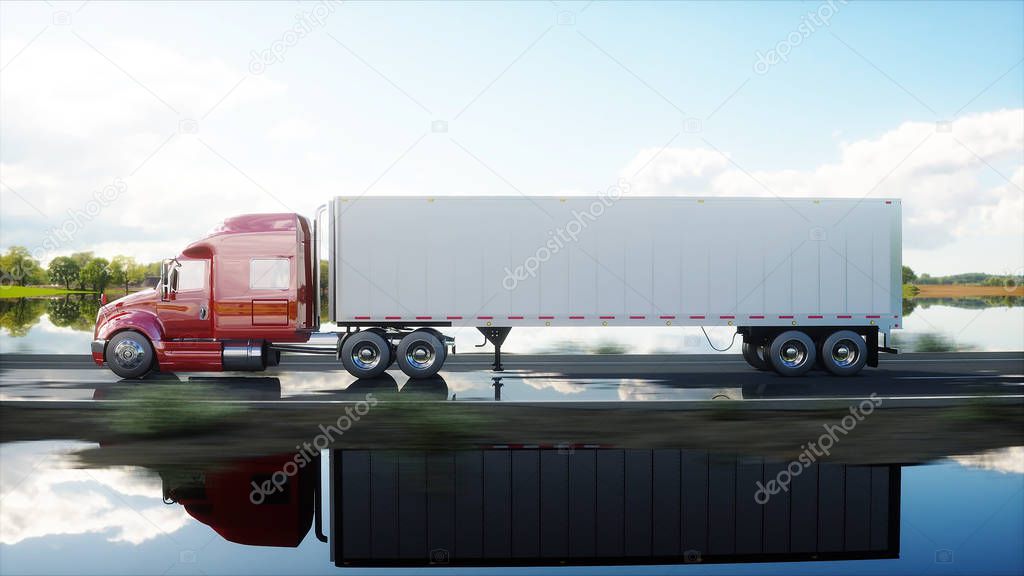 semi trailer, Truck on the road, highway. Transports, logistics concept. 3d rendering.