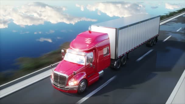 Semi trailer, lastbil på väg, motorväg. Transporter, logistik koncept. 4 k realistisk animation. — Stockvideo