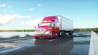 Semi Treyler, kamyon yol, otoyol. Taşıma, lojistik kavramı. 4 k gerçekçi animasyon.