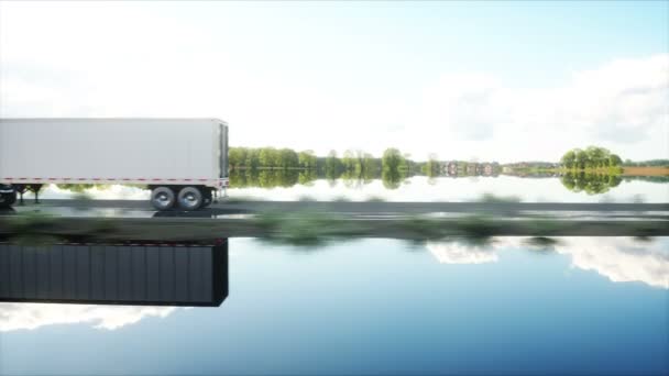 Semirremolque, camión en la carretera, autopista. Transporte, concepto logístico. Animación realista 4K . — Vídeo de stock