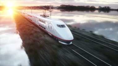 Elektrikli yolcu treni. Çok hızlı araba. yolculuk ve seyahat kavramı. Gerçekçi 4 k animasyon.