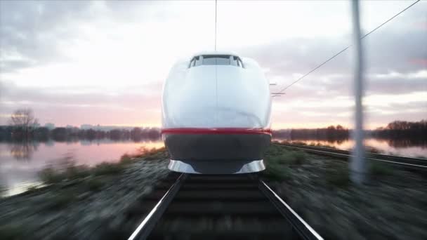 Pociąg pasażerski elektryczne. Bardzo szybką jazdę. koncepcja podróży i podróżowania. Realistyczna animacja k 4. — Wideo stockowe