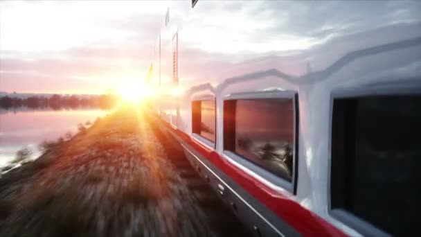 Tren de pasajeros eléctrico. Conduce muy rápido. viaje y concepto de viaje. Animación realista 4k . — Vídeo de stock