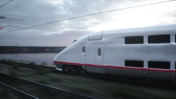 Elektrikli yolcu treni. Çok hızlı araba. yolculuk ve seyahat kavramı. Gerçekçi 4 k animasyon. — Stok video