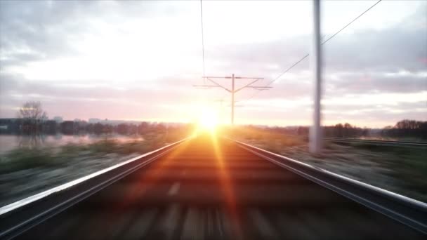 Câmera se move ao longo do caminho de ferro. Maravilhoso pôr do sol. Animação 4k cinematográfica realista . — Vídeo de Stock