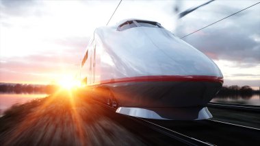 Elektrikli yolcu treni. Çok hızlı sürüyorsun. Yolculuk ve seyahat konsepti. 3d oluşturma.