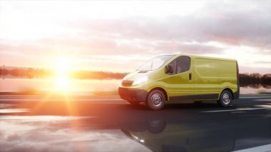 Sarı teslim van karayolu üzerinde. Çok hızlı araba. Taşıma ve lojistik kavramı. 3D render.
