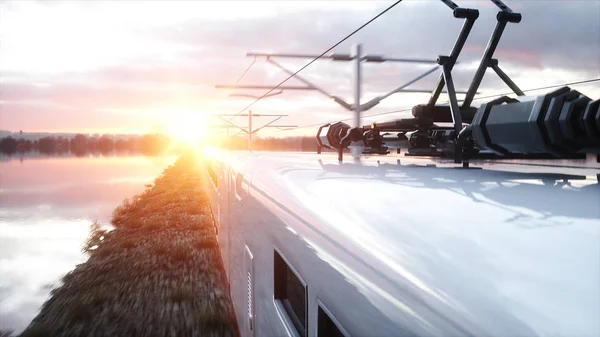Elektrikli yolcu treni. Çok hızlı sürüyorsun. Yolculuk ve seyahat konsepti. 3d oluşturma. — Stok fotoğraf