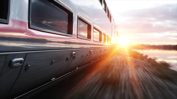 Elektrikli yolcu treni. Çok hızlı sürüyorsun. Yolculuk ve seyahat konsepti. 3d oluşturma. — Stok fotoğraf