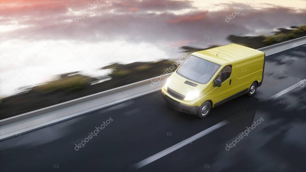 Yellow delivery van on highway. Very fast driving. Transport and logistic concept. 3d rendering.