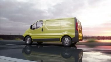 Sarı teslim van karayolu üzerinde. Çok hızlı araba. Taşıma ve lojistik kavramı. Gerçekçi 4 k animasyon.