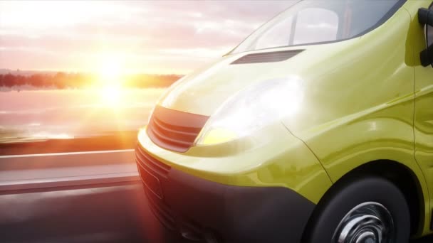 Sárga kisteherautó autópályán. Nagyon gyors vezetés. Szállítási és logisztikai koncepció. Reális 4 k-animáció. — Stock videók