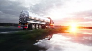 Benzin tankeri, petrol treyler, kamyon karayolu üzerinde. Çok hızlı araba. Gerçekçi 4 k animasyon.