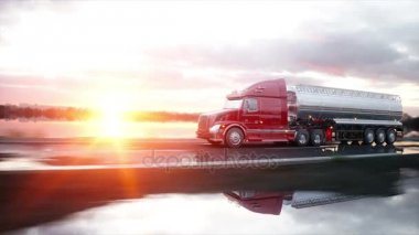 Benzin tankeri, petrol treyler, kamyon karayolu üzerinde. Çok hızlı araba. Gerçekçi 4 k animasyon.