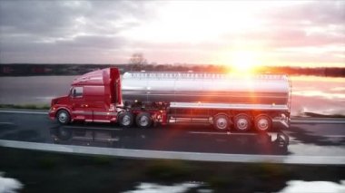 Benzin tankeri, petrol treyler, kamyon karayolu üzerinde. Çok hızlı araba. Gerçekçi 4 k animasyon.