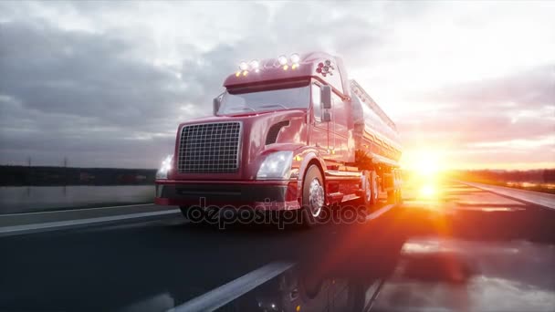 Tanker benzinu, oleje přívěsu kamionu na dálnici. Velmi rychlé jízdy. Realistické animace 4 k.