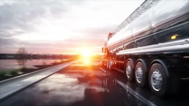 가솔린 유조선, 오일 트레일러, 고속도로에 트럭. 매우 빠른 운전입니다. 현실적인 4 k 애니메이션. — 비디오