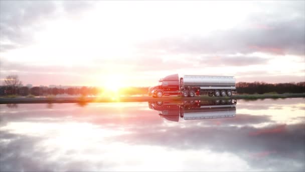 Benzin tartályhajó, olaj pótkocsi teherautó az autópályán. Nagyon gyors vezetés. Reális 4 k-animáció. — Stock videók