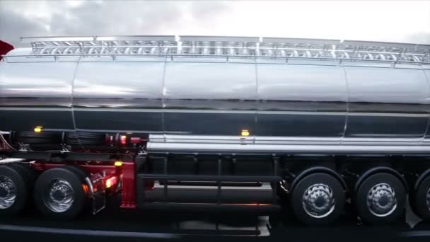 Cisterna de gasolina, remolque de petróleo, camión por carretera. Conduce muy rápido. Animación realista 4K . — Vídeos de Stock