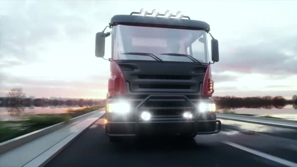 Míchačka na beton kamionu na dálnici. Velmi rychlé jízdy. Stavební a dopravní koncepce. Realistické animace 4 k.