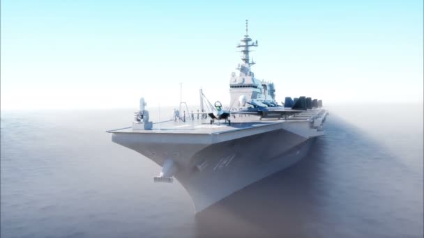 Aircraft carrier in zee, oceaan met vechter. Oorlog en wapen concept. Realistische 4 k-animatie. — Stockvideo