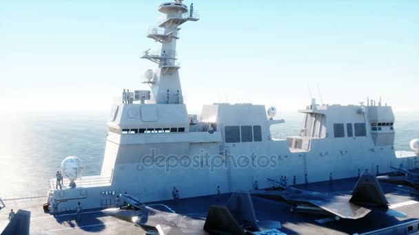 Aircraft carrier in zee, oceaan met vechter. Oorlog en wapen concept. Realistische 4 k-animatie. — Stockvideo