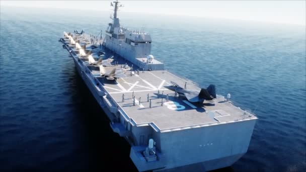 Portaaviones en el mar, océano con caza. Guerra y concepto de armas. Animación realista 4k . — Vídeo de stock
