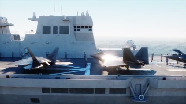 Aircraft carrier in zee, oceaan met vechter. Oorlog en wapen concept. Realistische 4 k-animatie. — Stockvideo