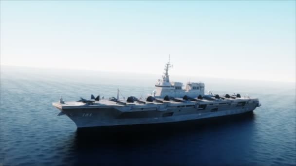 Aircraft carrier in zee, oceaan met vechter. Oorlog en wapen concept. Realistische 4 k-animatie. — Stockvideo