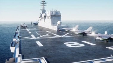 Jet f16 uçak gemisi Okyanusu üzerinde açılış. Askeri ve savaş kavramı. Gerçekçi 4 k animasyon.