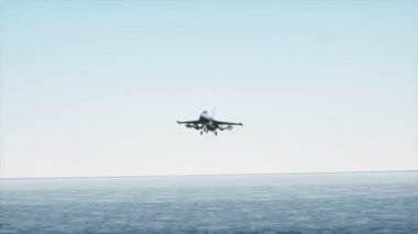 Jet f16 uçak gemisi Okyanusu üzerinde açılış. Askeri ve savaş kavramı. Gerçekçi 4 k animasyon.