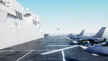 Jet f16 uçak gemisi Okyanusu üzerinde açılış. Askeri ve savaş kavramı. Gerçekçi 4 k animasyon.