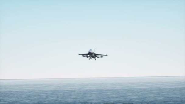 Landing jet f16 on aircraft carrier in ocean. Military and war concept. Realistic 4k animation. — Stock Video