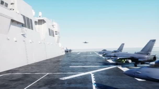 Landing jet f16 op vliegdekschip in de Oceaan. Militair en oorlog concept. Realistische 4 k-animatie. — Stockvideo