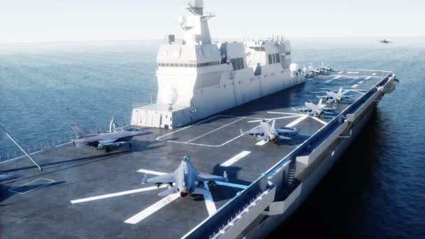 Landing jet f16 op vliegdekschip in de Oceaan. Militair en oorlog concept. Realistische 4 k-animatie. — Stockvideo