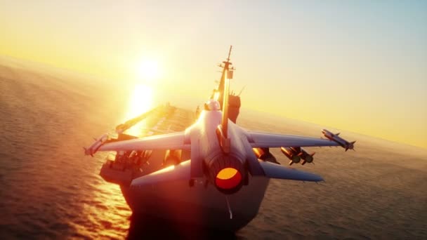 Jet de aterrizaje f16 en portaaviones en el océano. Concepto militar y de guerra. Animación realista 4k . — Vídeos de Stock