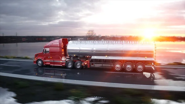Cisterna de gasolina, remolque de petróleo, camión por carretera. Conduce muy rápido. renderizado 3d . — Foto de Stock