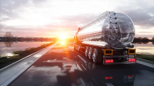 Bensin tanker, olja släpvagn, lastbil på motorvägen. Mycket snabb körning. 3D-rendering. — Stockfoto